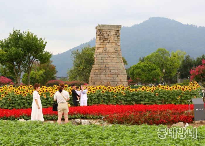 경주 동부사적지 첨성대 인근에 조성된 꽃단지를 배경으로 관광객들이 사진을 찍으며 봄날을 만끽하고 있다. 계절마다 다양한 꽃으로 조성되는 이 꽃단지는 2025 APEC 정상회의를 앞두고 경주시가 추진하는 경관개선사업의 일환이다.