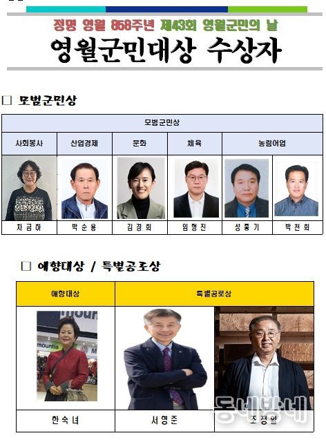 『제43회 영월군민의 날』 군민대상 수상자 확정