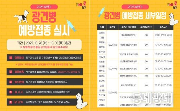 대전 동구, 2025년 하반기 ‘광견병 예방접종’ 실시
