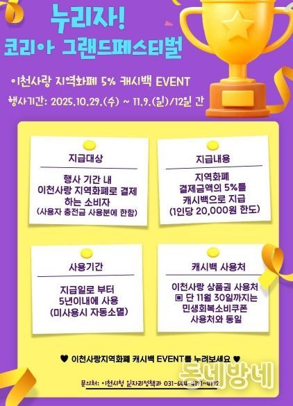 이천사랑지역화폐, 캐시백 5% 이벤트…누리자! 코리아그랜드페스티벌