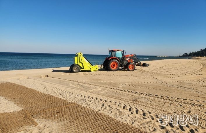 영덕군이 국제H웰니스페스타 행사 장소를 비치 클리너를 활용해 정비하고 있다.