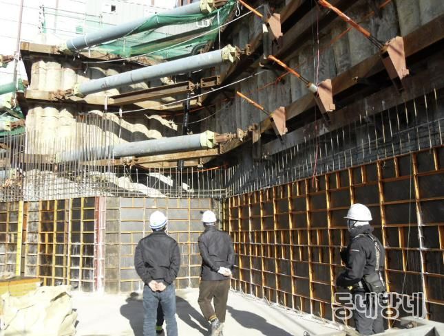 안전관리자문단이 6일 공사 현장을 돌아보며 안전관리 실태를 점검하고 있다.