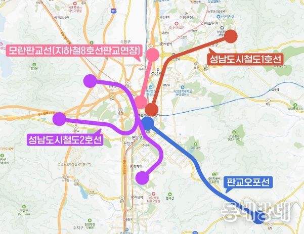 경기도 도시철도망 구축계획에 반영된 성남시 4개 도시철도 노선