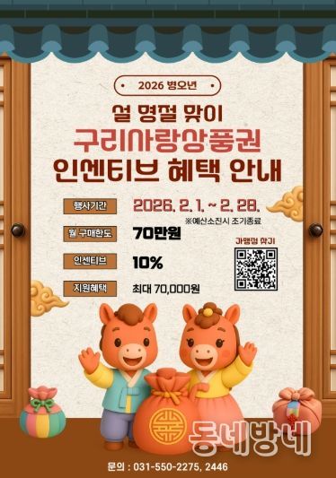 구리시, 설 명절 장바구니 부담 던다… 구리사랑상품권 10% 인센티브 확대 지원